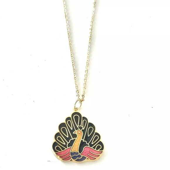 Vintage Cloisonné Peacock Pendant Necklace Enamel Gold Plated Purple Pink Black - Picture 5 of 11